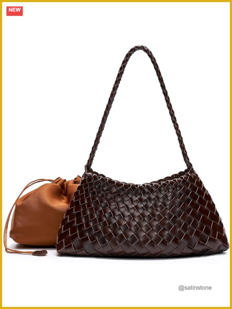 Hand-Woven Vegan Leather Hobo Bag With Inner Drawstring Pouch & Braided Strap